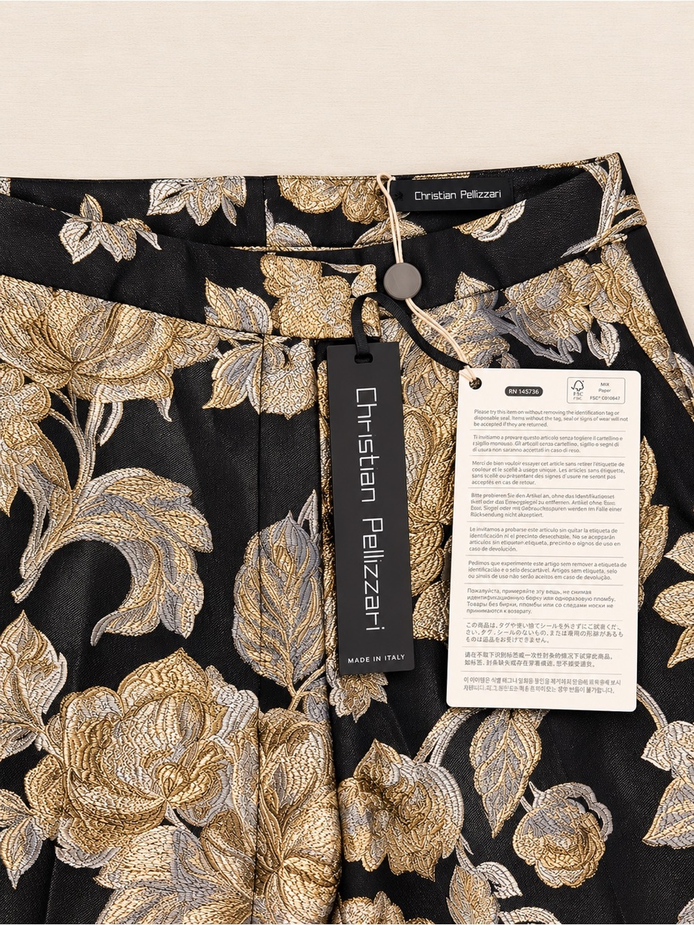 Women's Black Pants with Gold Floral Jacquard